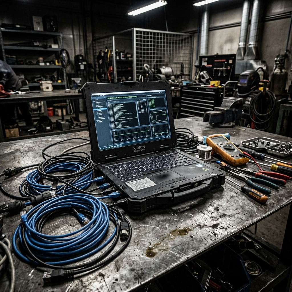 Rugged high-performance laptop on a steel industrial workbench